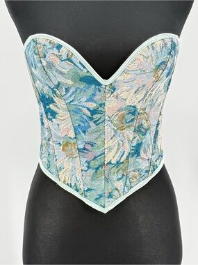 Floral Corset Bustier Top Blue Tapestry Lace Up Back Coquette Fairy Grunge